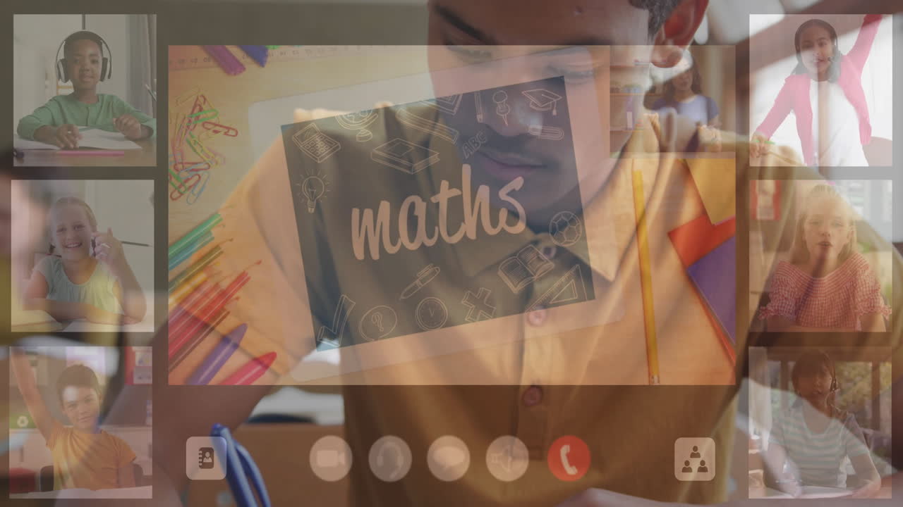 teenage boy writing on desk during online education lesson, with maths icons floating around screen