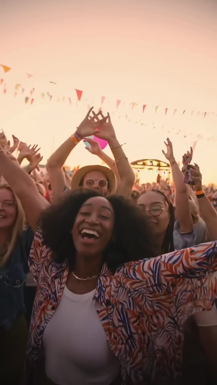 Scena video vivace di un festival con inquadratura dal basso che cattura una folla gioiosa e decorazioni colorate.