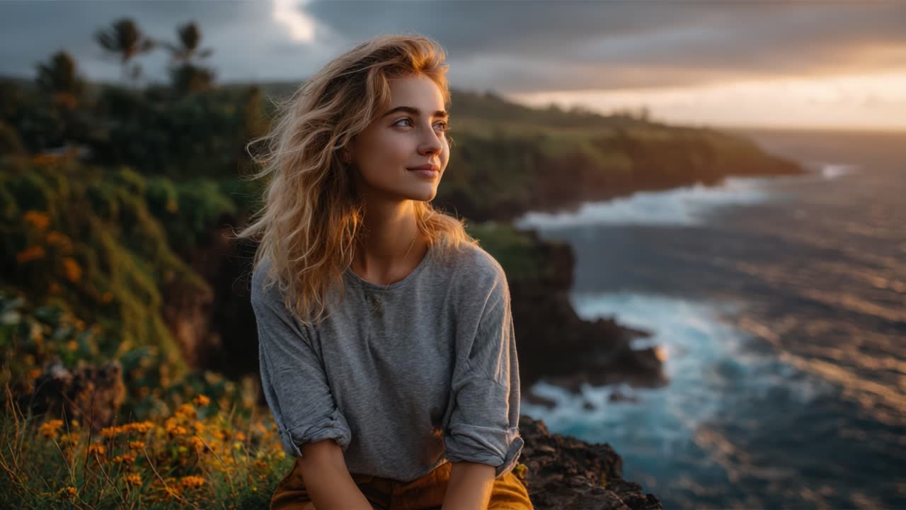 A Serene Portrait of a Young Woman Contemplating the Sunset Over a Coastal Landscape, Highlighting Nature's Beauty and Tranquility During Golden Hour