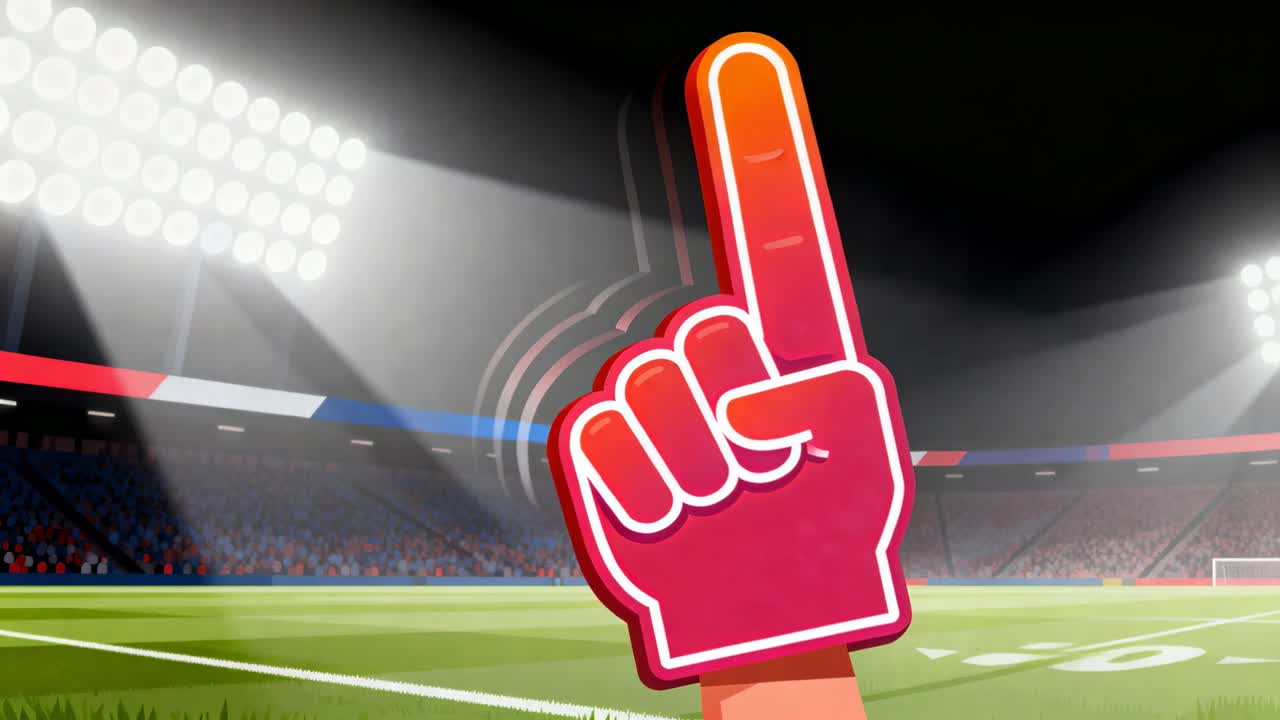 Waving spectator holding large pink foam finger at stadium, showing fan support under floodlights
