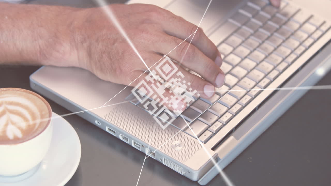 Animation of qr code, data processing and networks over man using laptop