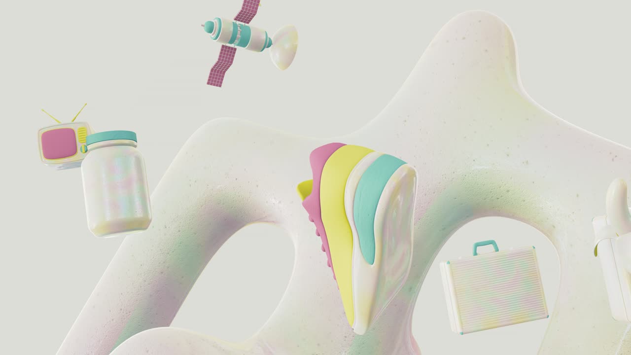 미니멀 3d 아트: 기하학적 디자인 공간에서 애니메이션 된 세련된 객체, 트렌디한 색상 조합, 루프 모션, 4k 비디오