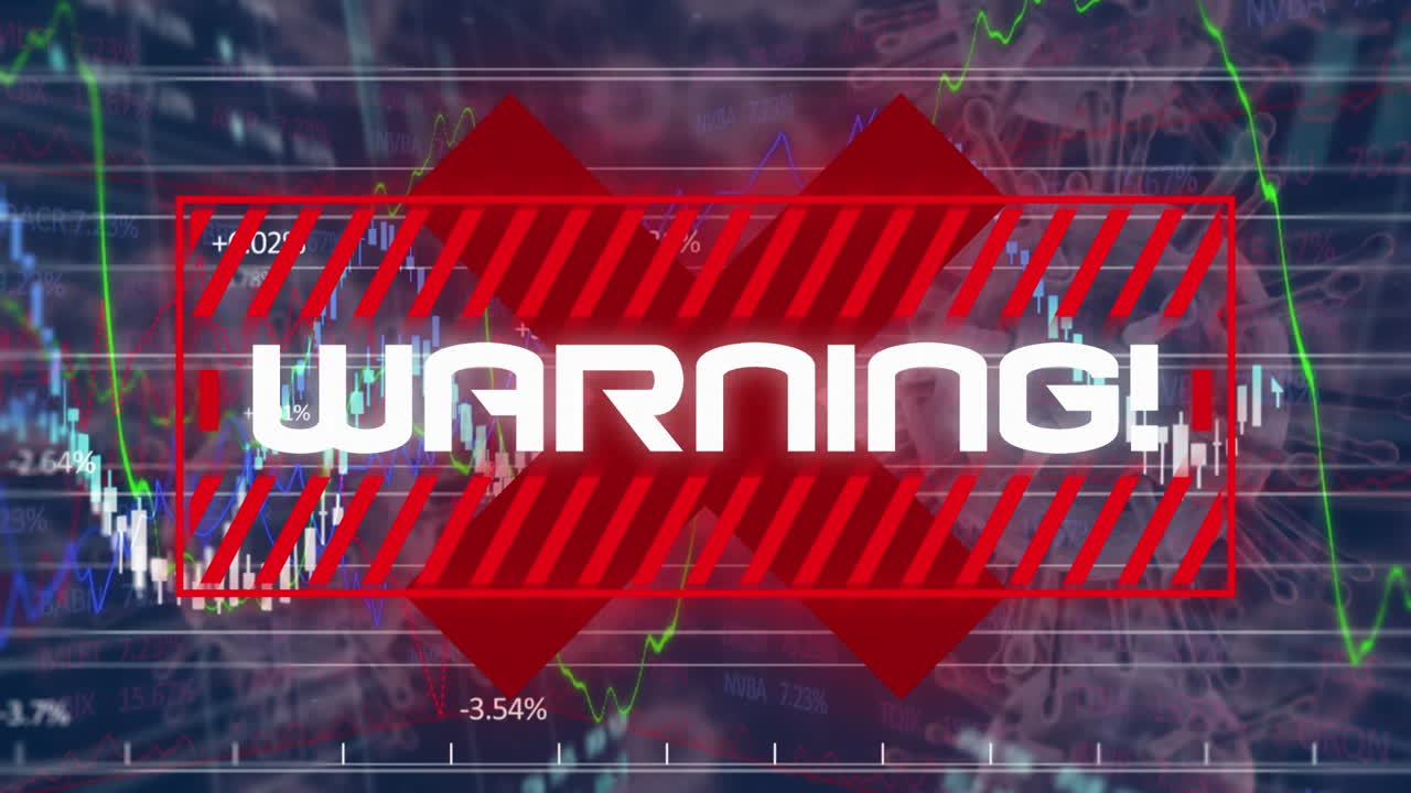 texto de advertencia y células de covid-19 que se mueven contra el procesamiento de datos del mercado de valores