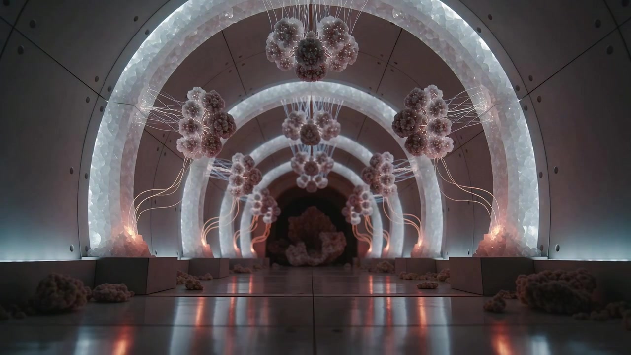 Lighting nearest concentric arch sparking clusters forming arrays along tunnel, filaments extending