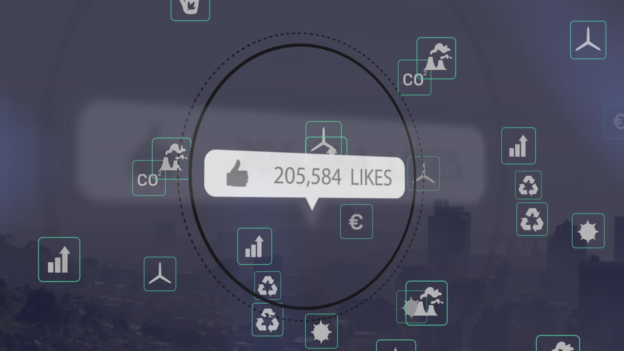 Animation of like icon with increasing numbers and digital icons against aerial view of cityscape