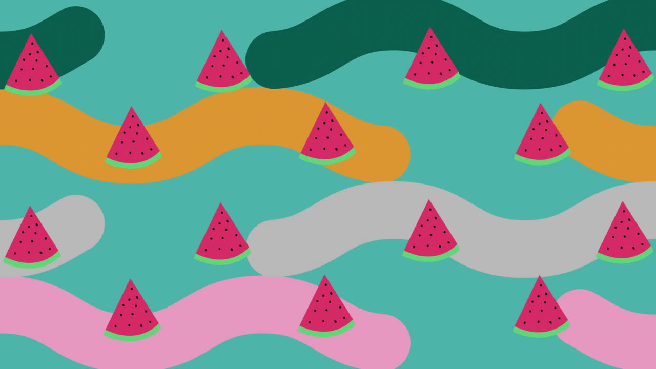 Animation of watermelons and colourful shapes on green background