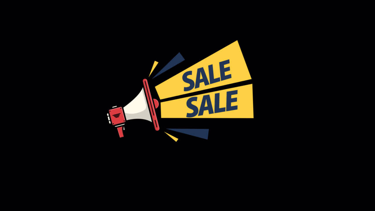 Mégaphone animé annonçant une promotion sur fond noir