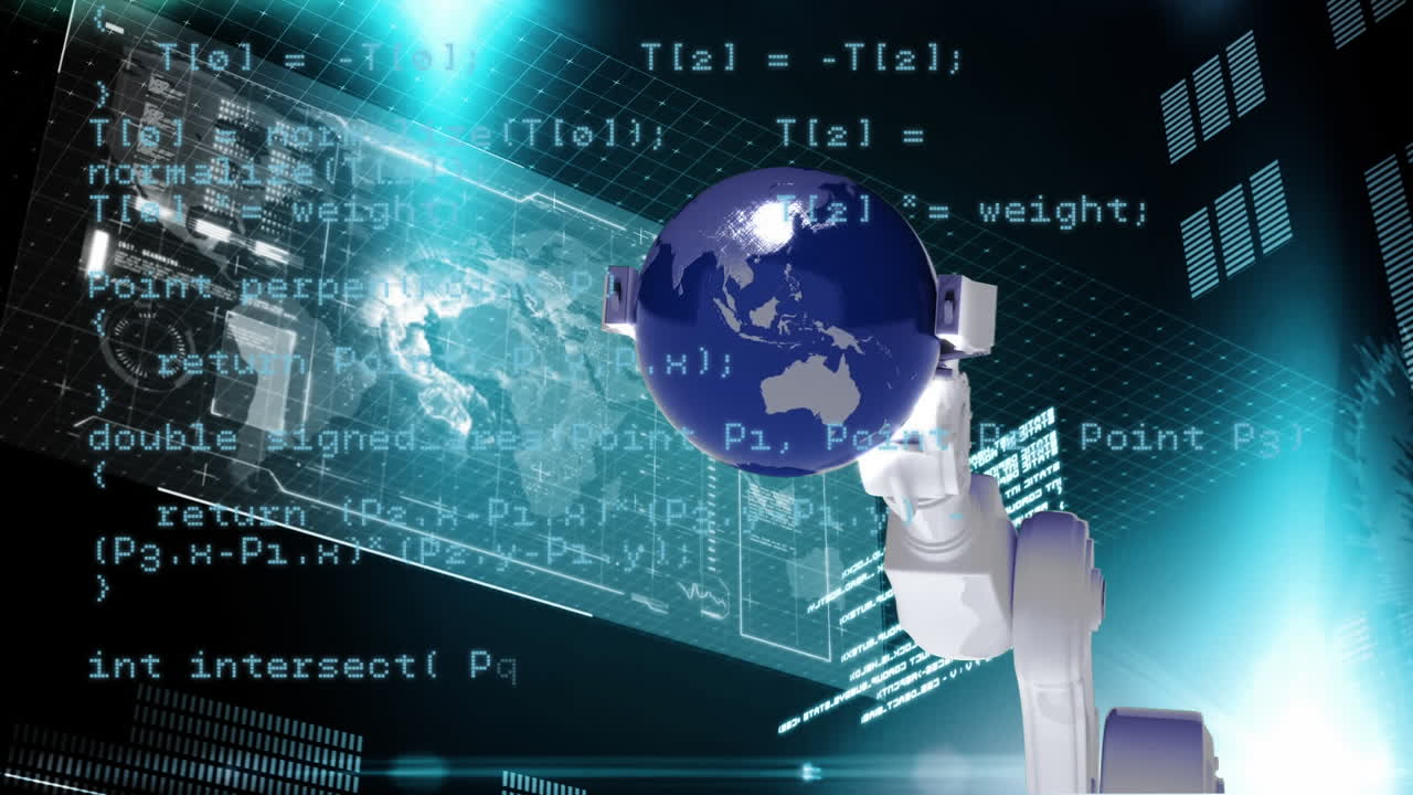 데이터 처리, 세계 지도, 지구 회전 및 로 ⁇  손의 애니메이션