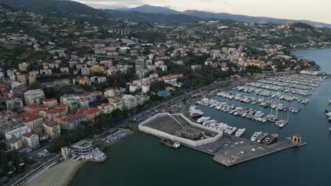 Drone-fly-above-Sanremo-city-town-in-Liguria-Italy-Riviera-coastline-aerial