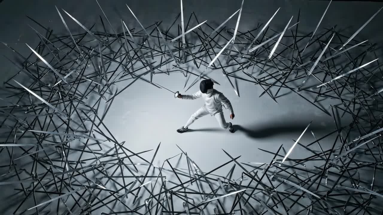 Fencer in White Uniform Training with a Foil Surrounded by Swords