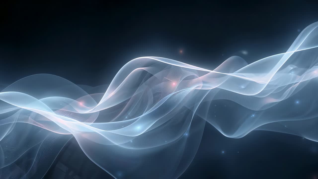 Loop starting, translucent ribbons sliding and curling over dark backdrop, glowing nodes pulsing