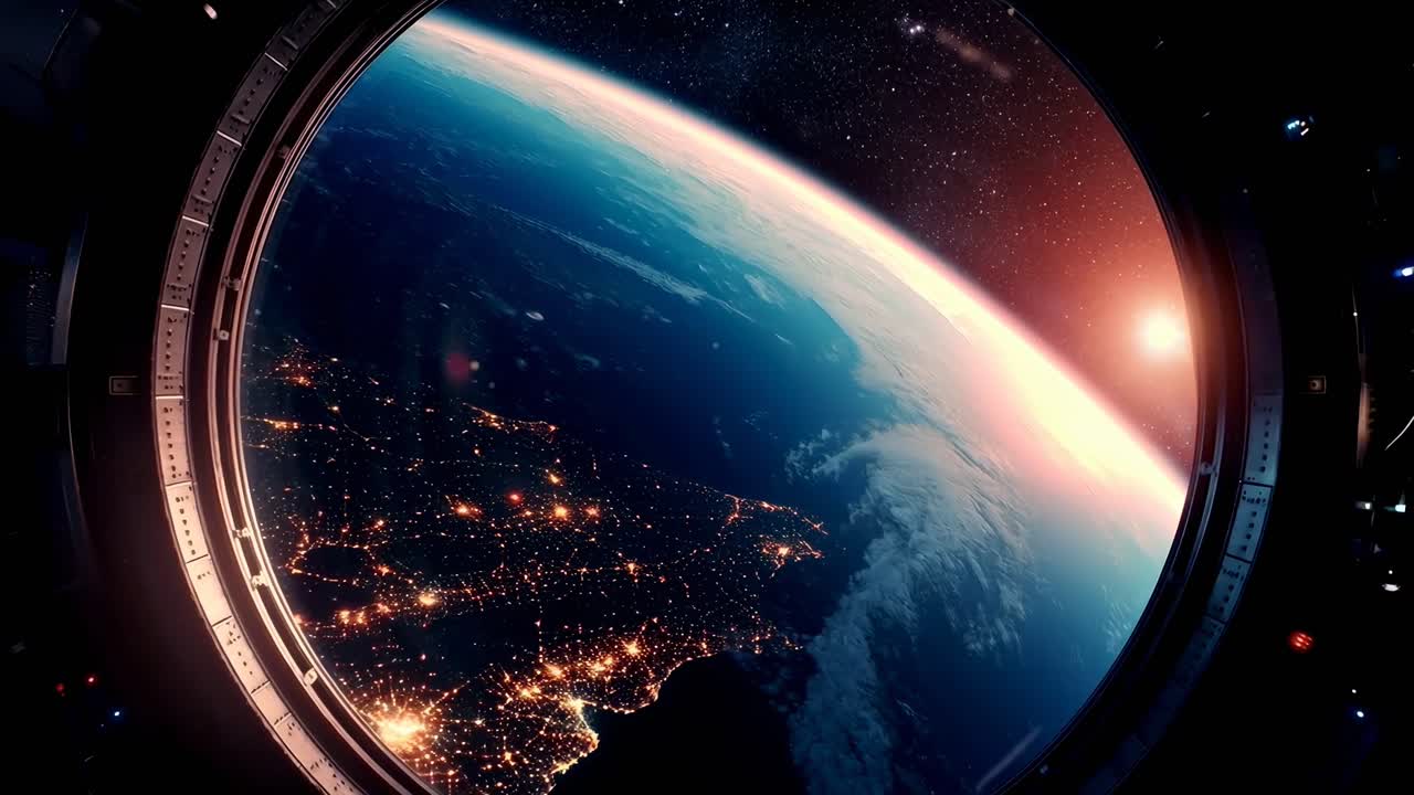 Stunning video concept of Earth from space, captured from a window angle at sunrise