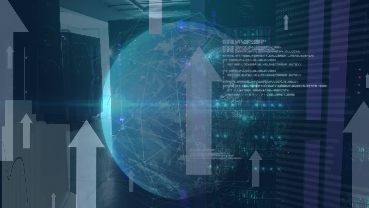 animación del globo giratorio, el procesamiento de datos y los iconos de flecha moviéndose hacia arriba contra la sala del servidor