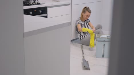 a woman does housework wet cleaning