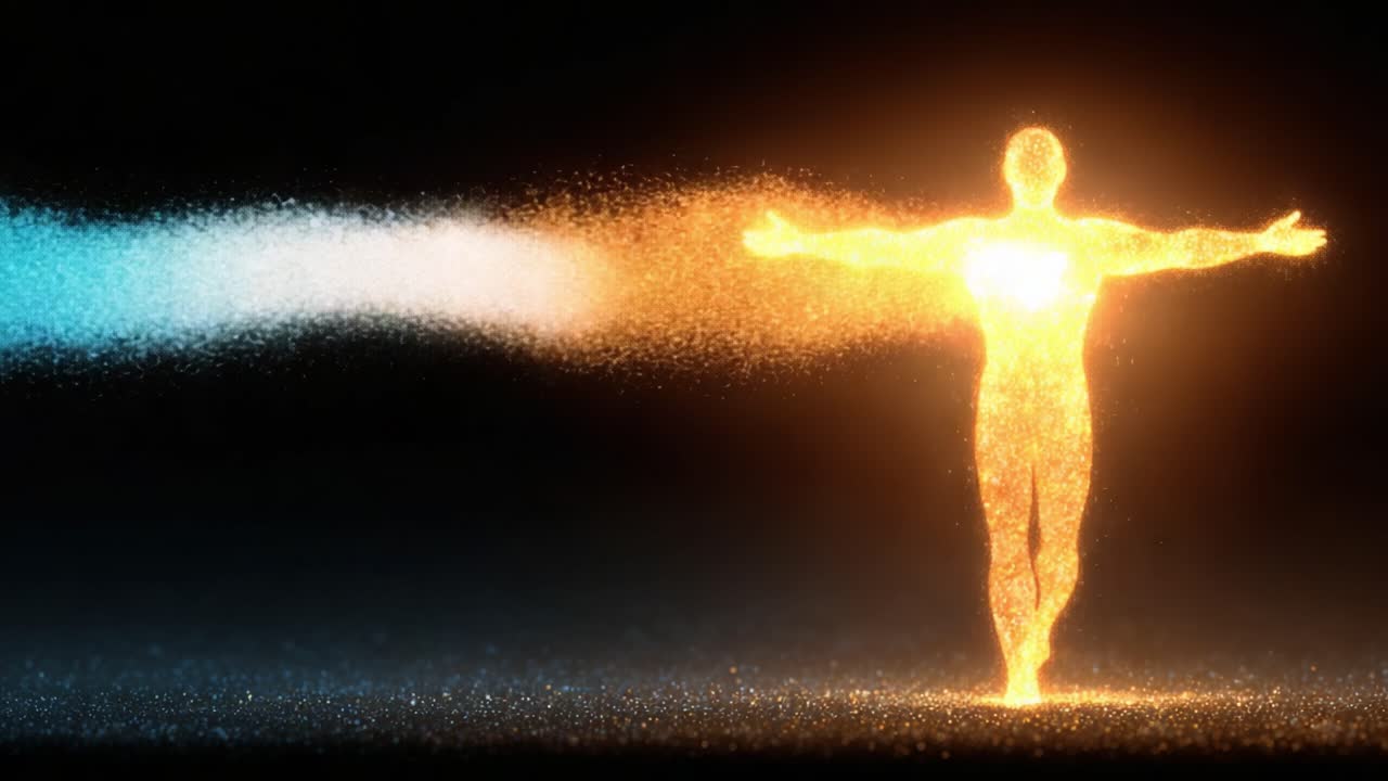 A luminous figure emanating radiant energy, symbolizing vitality and enlightenment, stands confidently with arms outstretched, embodying the spirit of transformation and inner strength