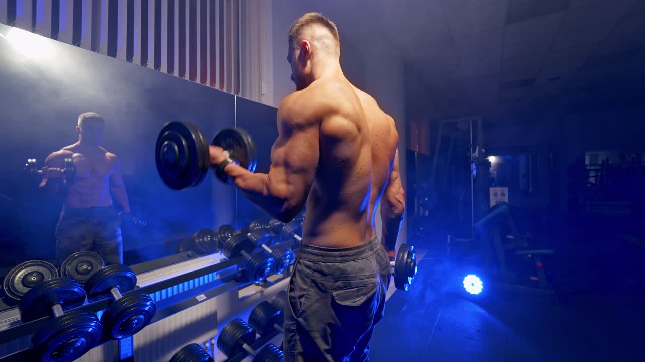 Handsome man doing exercise. Muscular man working out in gym doing exercises with dumbbells