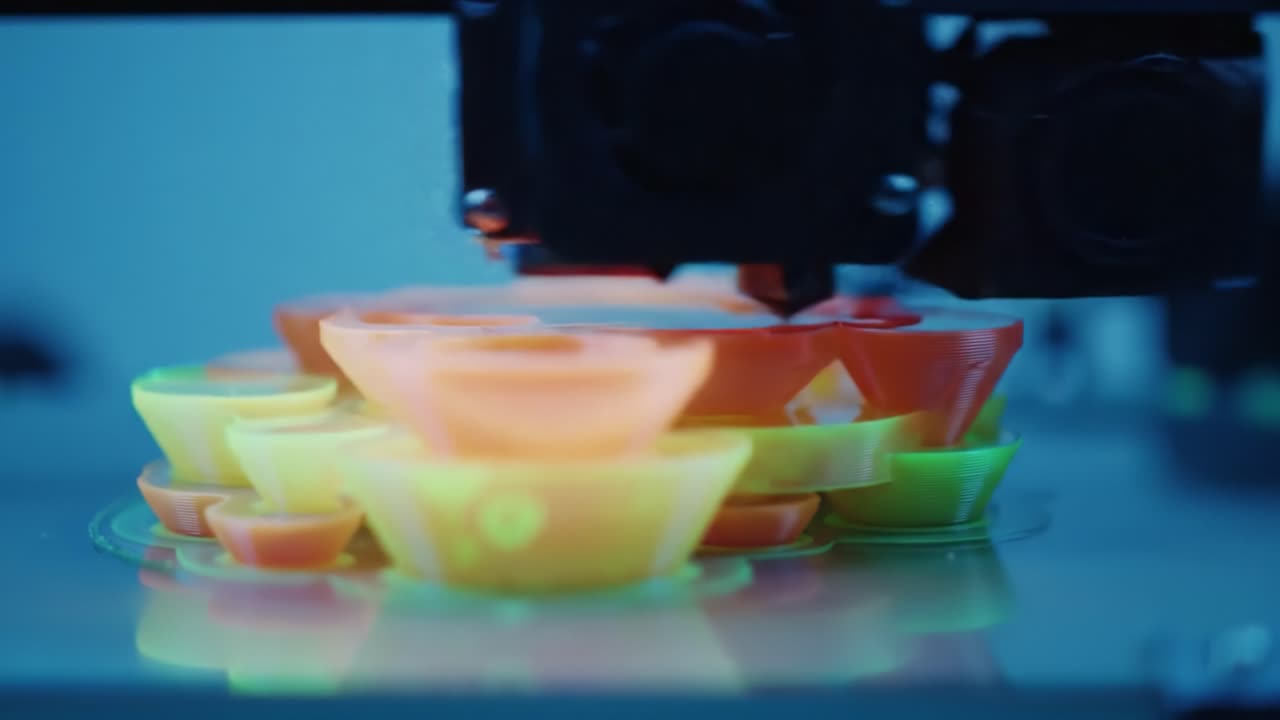 Innovative 3D Printing Process Captured: The Transformation of Colorful Design Elements Layer by Layer in a Modern Printing Environment