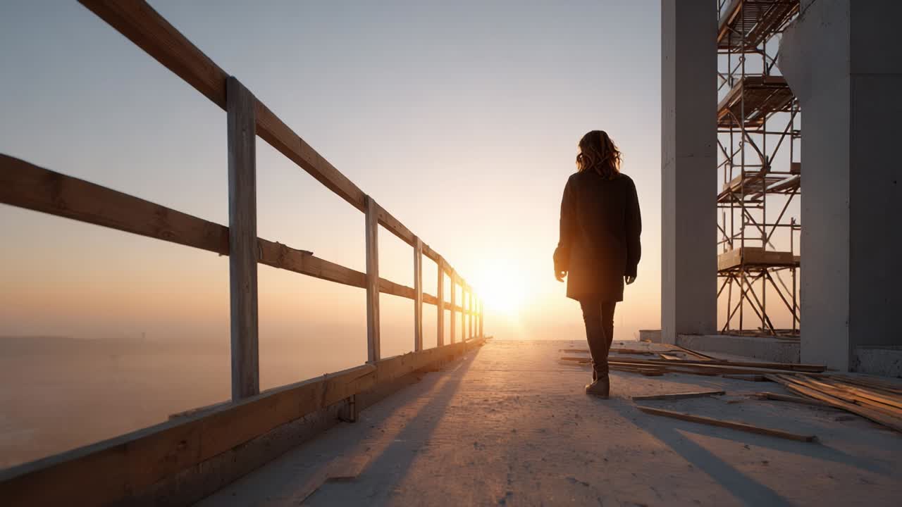 Woman walking on a construction site at sunset