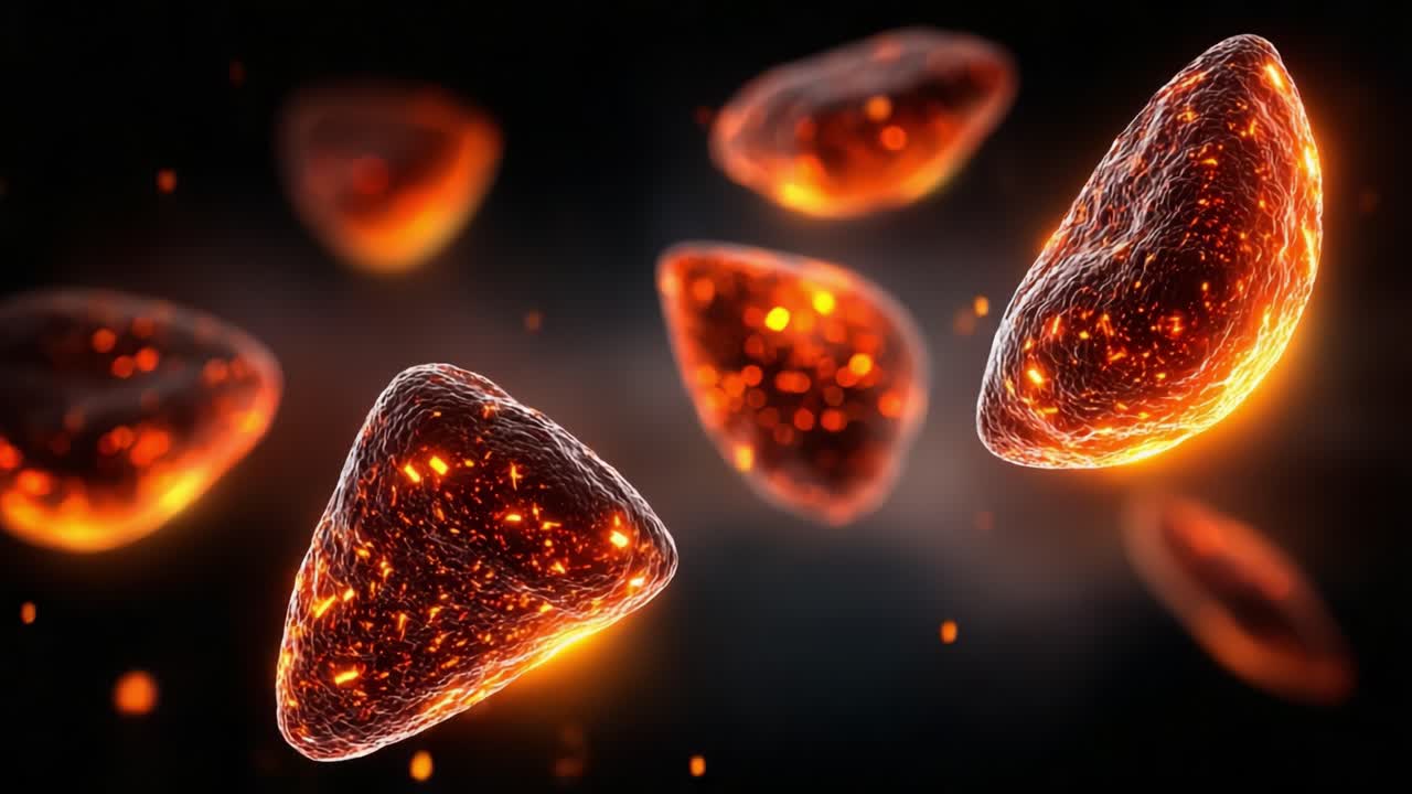 Una suggestiva rappresentazione visiva di particelle incandescenti simili a materiale fuso, che mettono in risalto le loro texture intricate e l'aspetto infuocato su uno sfondo astratto.