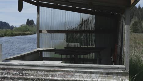 Water-flows-pass-a-shack-in-Beaver-Creek,-Brian-Booth-State-Park,-Oregon-coast