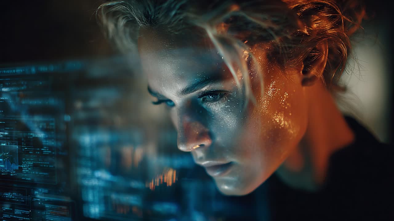 A Intense Focus on Digital Interfaces: A Close-Up of a Woman Engaged with Complex Data Visualizations in a Futuristic Environment