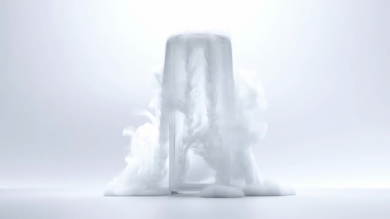 Clear glass vessel remains upright on white surface while soft white vapor or foam fills lower body and spreads broadly around base, creating fuller denser shapes under bright high key studio lighting