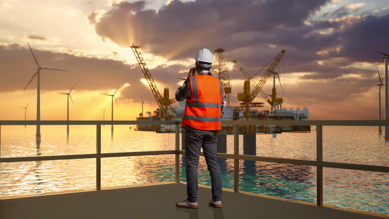 vista trasera completa del cuerpo de un ingeniero masculino asiático con casco de seguridad hablando en teléfono inteligente mientras está de pie con la producción de hidrógeno en alta mar