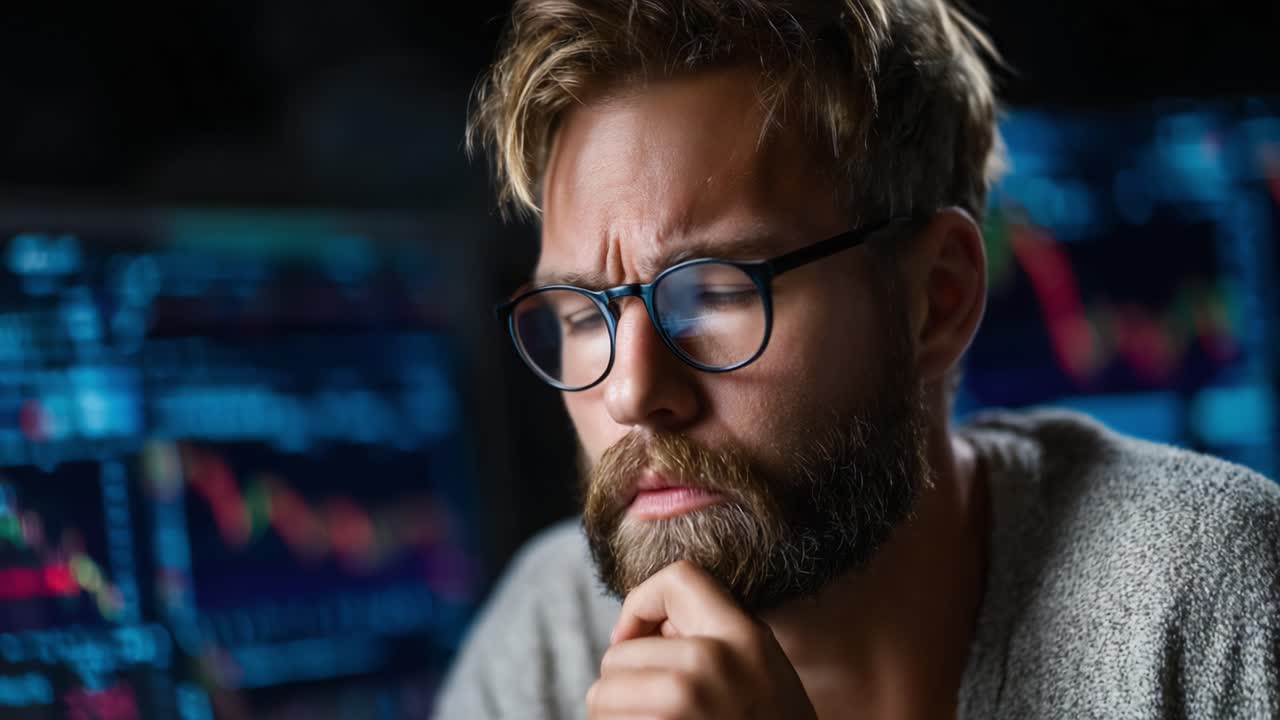 A focused individual analyzes complex financial data and stock market trends, contemplating significant decisions in a dimly lit environment filled with screens displaying graphs