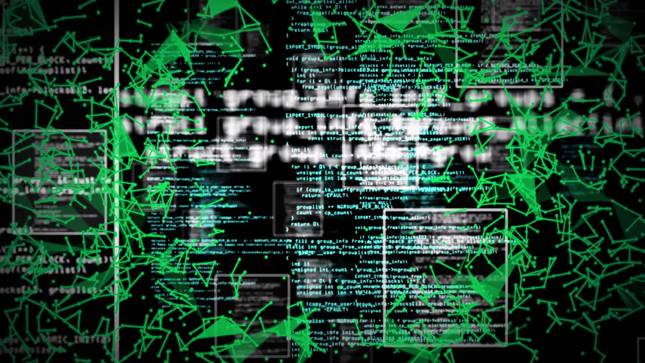 Animation of digital data processing over network of connections on black background