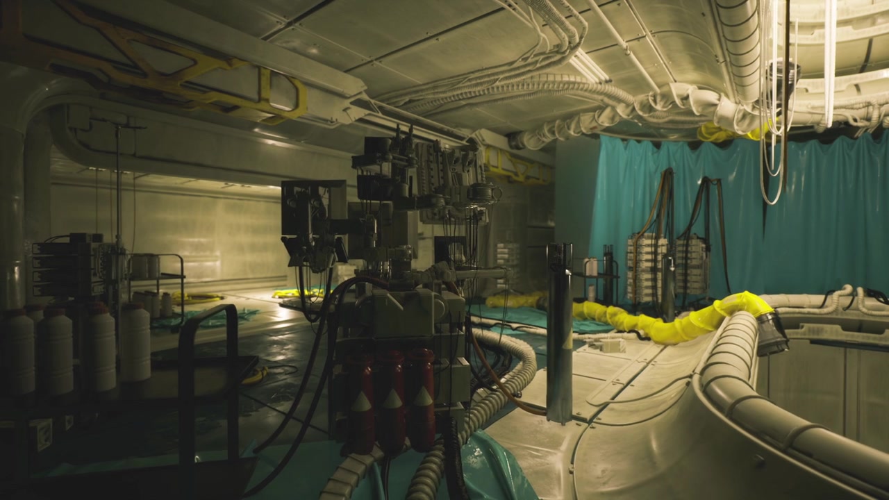 Manufacturing complex highlighted with cinematic lighting and shiny floors