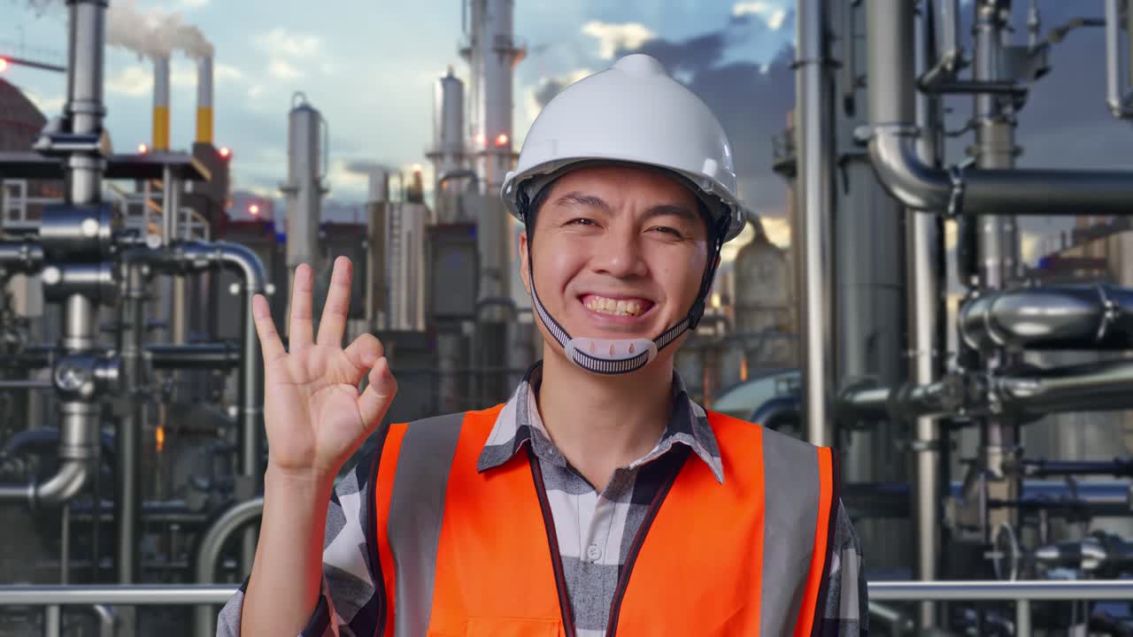 Smiling Industrial Worker Giving Ok Sign at Oil Refinery