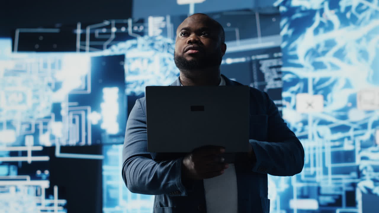 Tech savvy black engineer working with AI brain data visualization