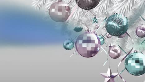 Animation-of-christmas-tree-with-baubles-over-grey-background