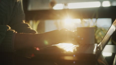 business woman morning. hands typing text on a laptop keyboard, a cup of hot tea stands nearby