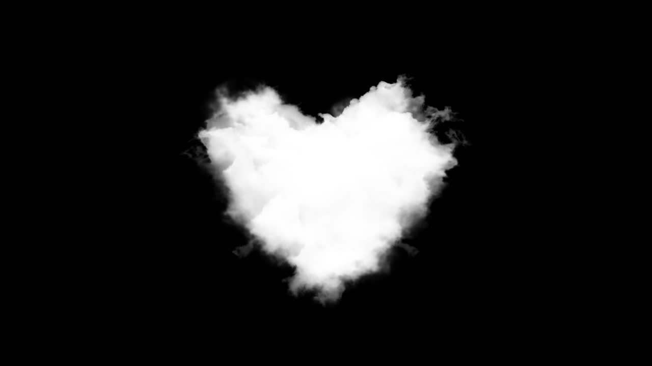 Heart cloud loop fast billowing cloud isolated on black background alpha light rays shining steam