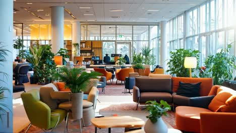 a large room filled with lots of colorful chairs and tables