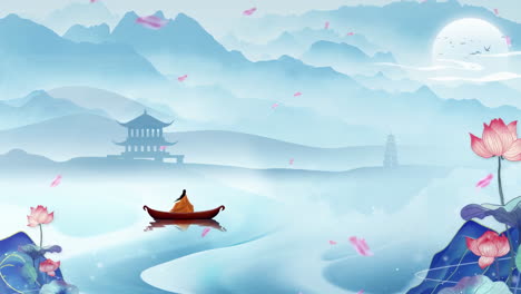 Mysterious-landscape-China's-traditional-Oriental-Digital-Art-animation,-Chinese-retro-painting-ink-misty-mountain-with-flowers,-tree,-birds,-river-in-fog-background