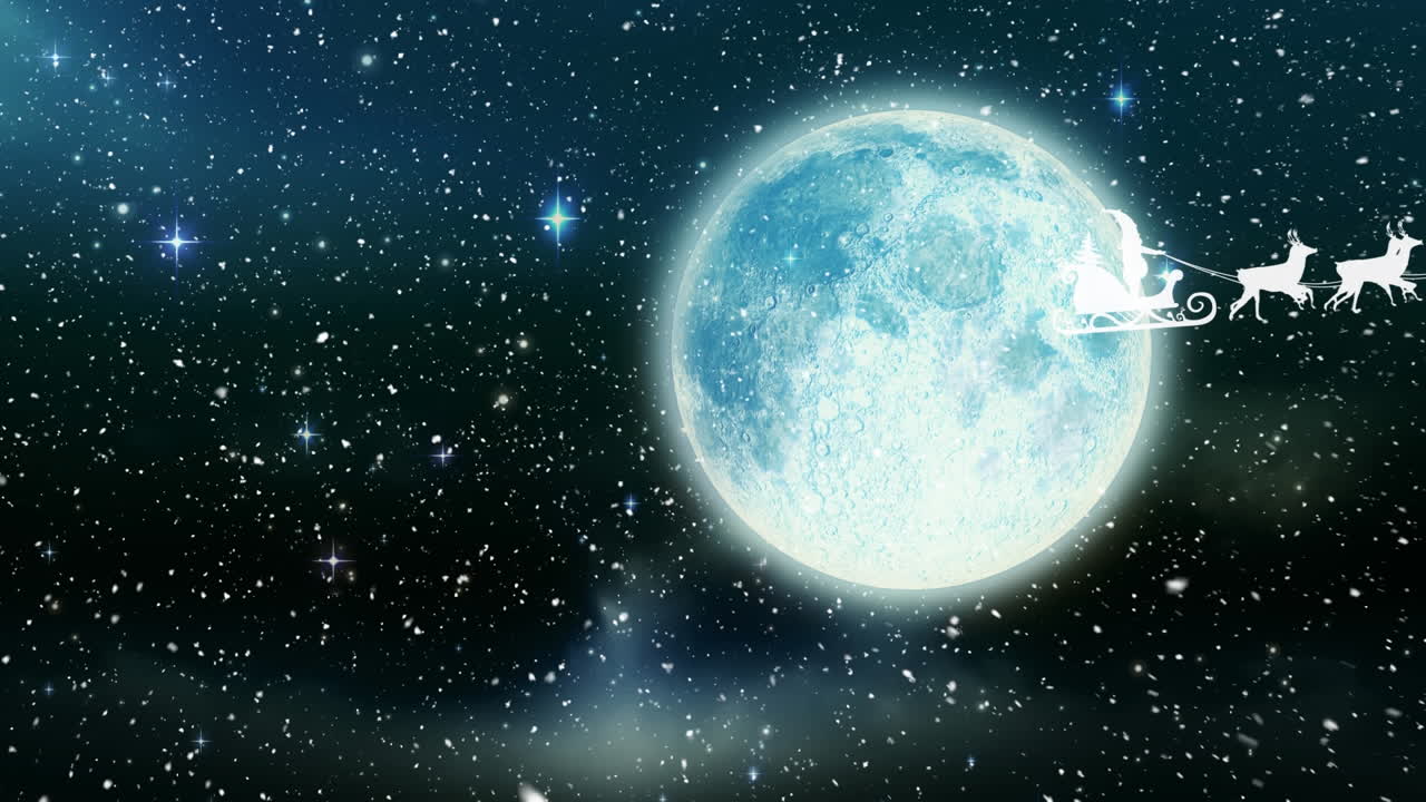 눈이 떨어지고 달이 있는 하늘 위에 사 ⁇ 과 함께  ⁇ 매를 타고 있는 산타클로스의 애니메이션