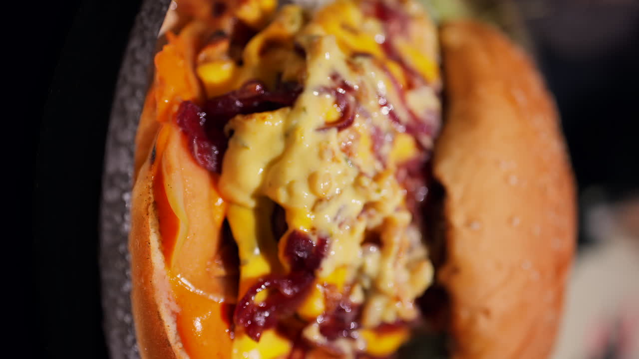 Close up of a loaded burger with melted cheese, caramelised onions, and a creamy sauce on a toasted bun. Vertical