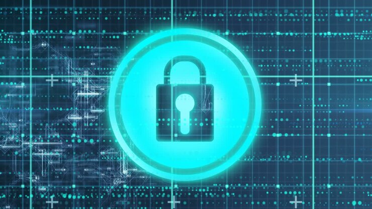Animation of data processing and padlock over blue background