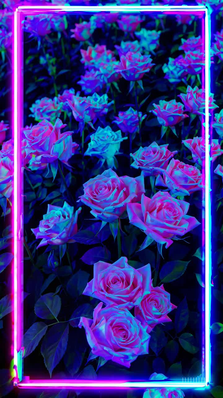 Vibrant neon roses viewed from above, framed by glowing neon borders