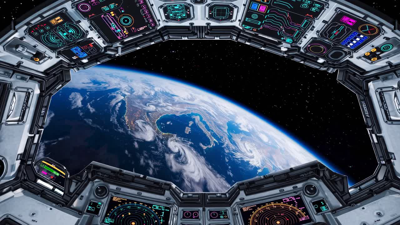 Futuristic spaceship cockpit view, wide-angle shot. High-tech control panels surround a starry space