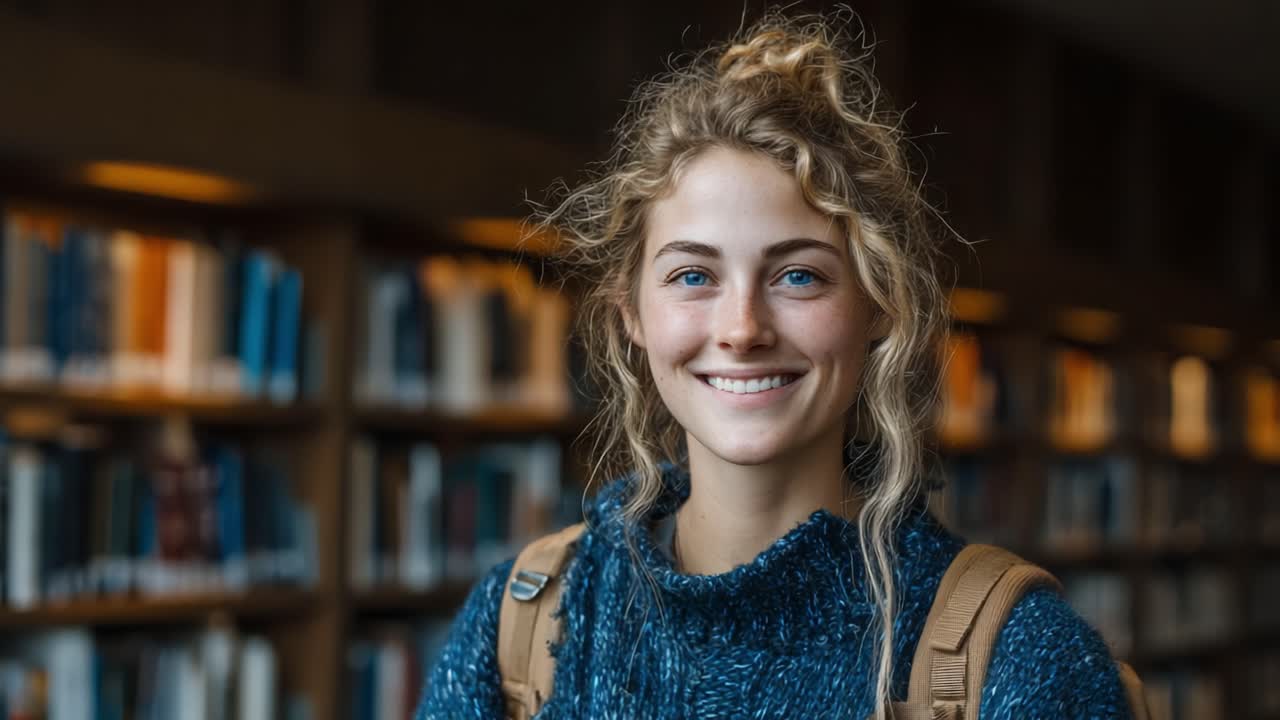 Un ritratto caloroso e invitante di una giovane donna con capelli ricci e un sorriso amichevole, sullo sfondo di un'accogliente biblioteca piena di libri