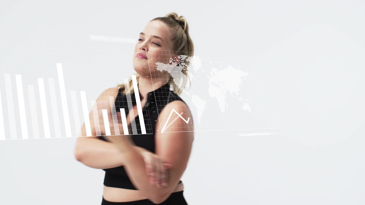 Woman unfolding arms and swaying, activating animated charts tracking motion for fitness data