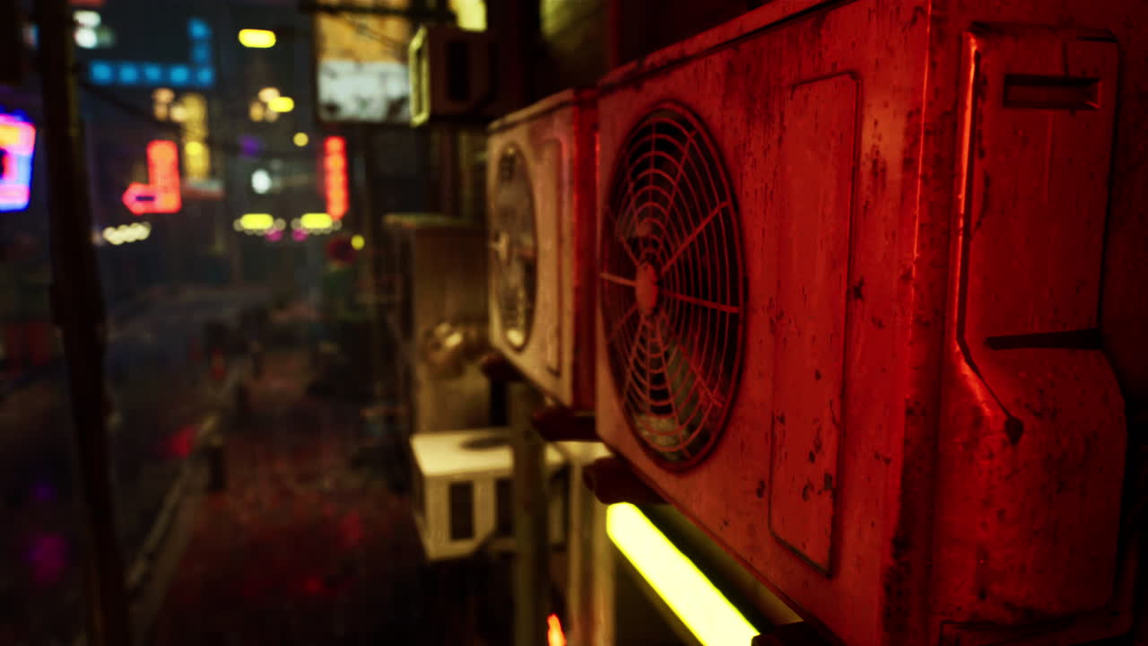 비가 오는 밤에 밝은 네온 빛으로 조명된 아시아 도시의 지붕 풍경