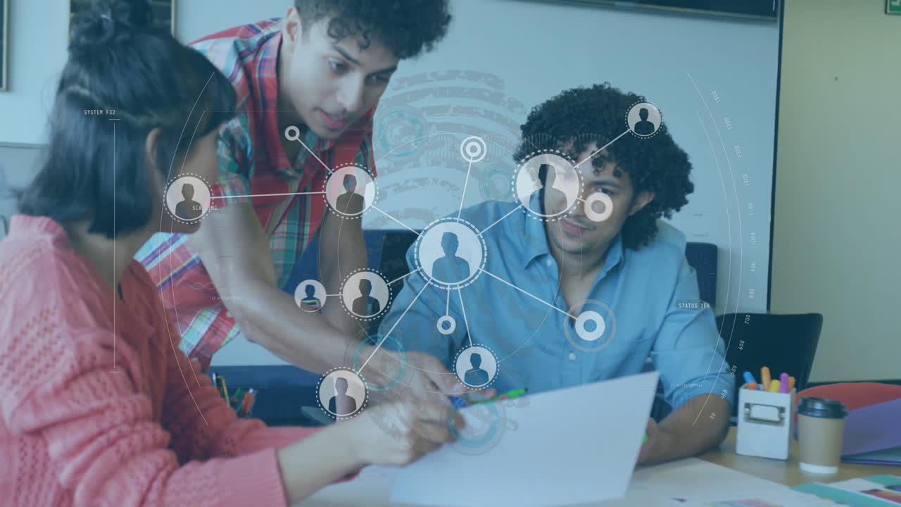 Discussing documents, collaborative team with animation of digital network connections