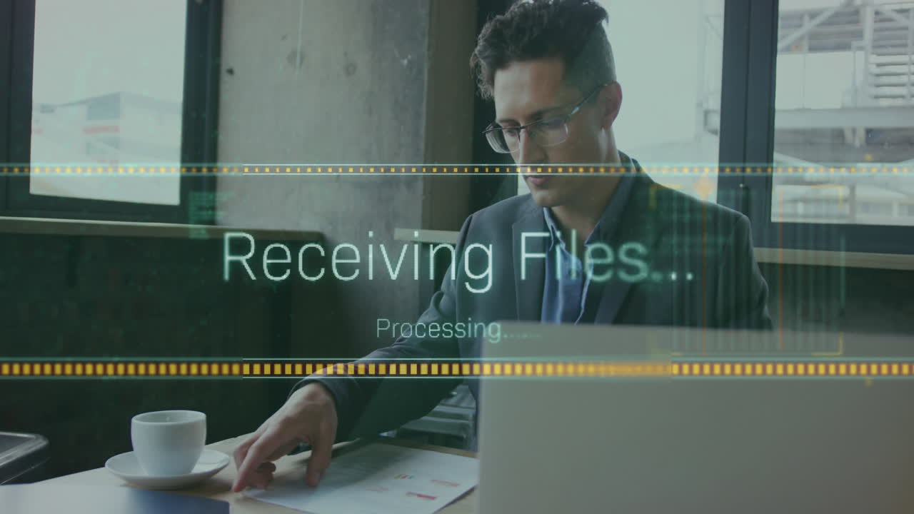 Animation of data processing over caucasian businessman in office