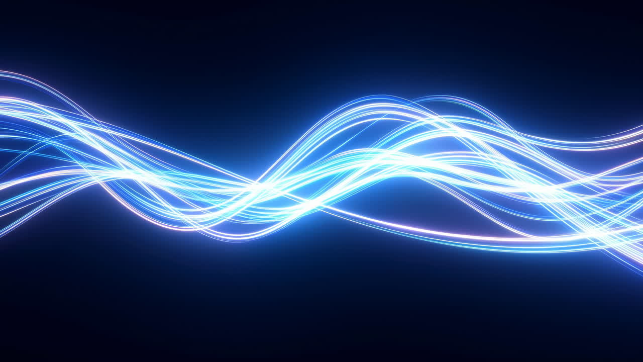 Blue Light Ribbons Flow Across Screen, Audio Producer Visualizing Soundwaves With Flowing Neon Streaks, High