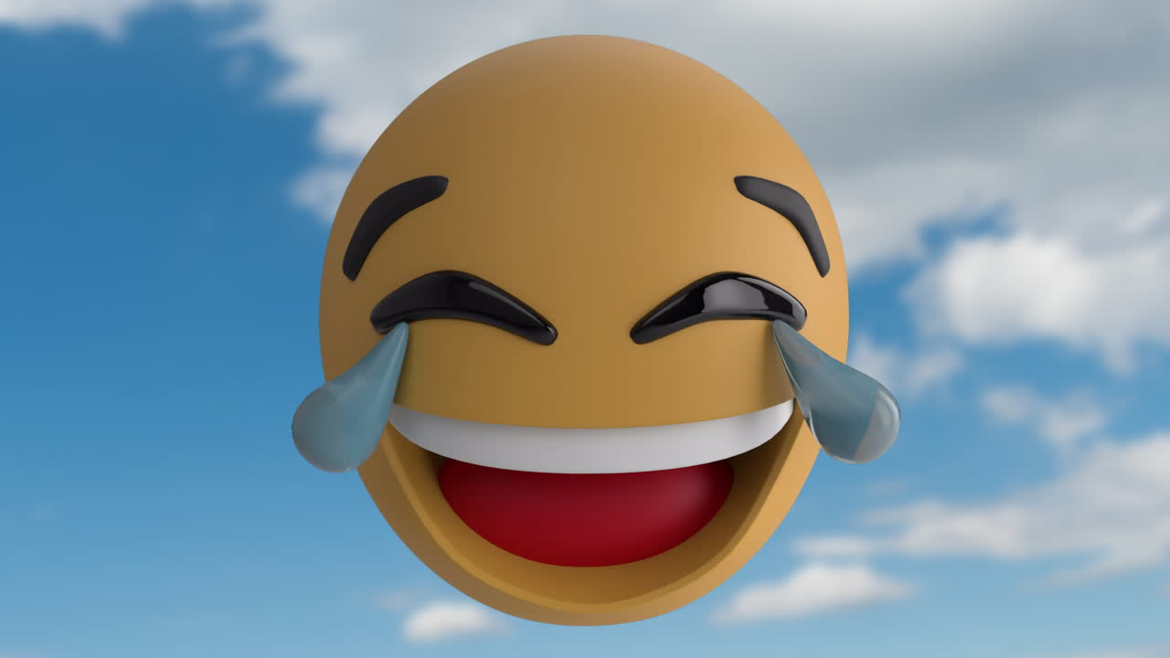 Large yellow 3D laughing emoji floating centrally against blue sky, showing translucent teardrops