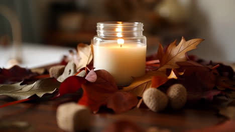 cozy autumn candle and leaf arrangement
